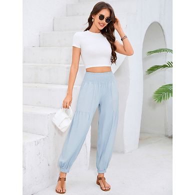 Women's Smocked High Waisted Elastic Wide Leg Loose Harem Pants with Pockets