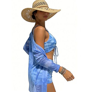 Women's 3-Piece Tropical Print Swimwear Set, Halter Bikini with Mesh Cover-Up