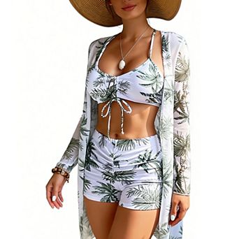 Women's 3 pc Tropical Print Swimwear Set, Halter Bikini with Mesh Cover-Up