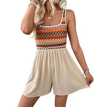 Women's One Piece Romper Square Neck Crochet Knit Sleeveless Flowy Shorts