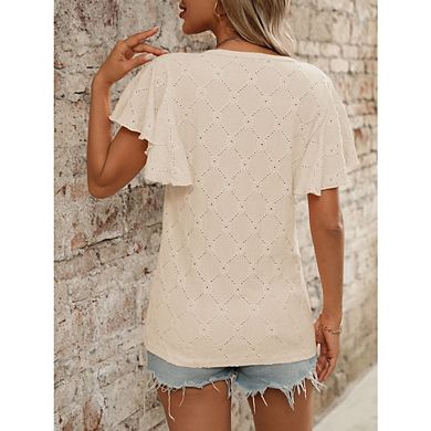 Womens Casual Top Ruffle Flutter Sleeves Crew Neck Texture Loose Fit Summer Blouse