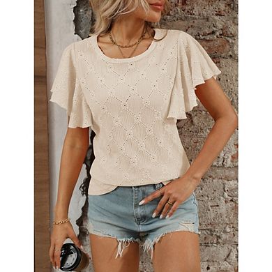 Womens Casual Top Ruffle Flutter Sleeves Crew Neck Texture Loose Fit Summer Blouse