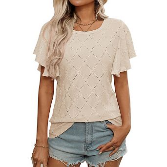 Womens Casual Top Ruffle Flutter Sleeves Crew Neck Texture Loose Fit Summer Blouse