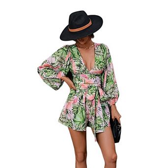 Womens Floral Romper V Neck Lantern Long Sleeve Cutout Waist Tie Front Short Jumpsuit Casual Outfit