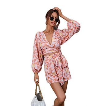 Womens Floral Romper V Neck Lantern Long Sleeve Cutout Waist Tie Front Short Jumpsuit Casual Outfit