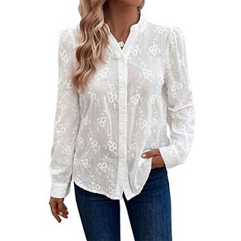 Women's Floral Embroidered Button Down Blouse, V-Neck Long Puff Sleeve Shirt, Casual Semi-Sheer Top