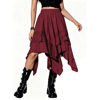 Women's Asymmetric Tiered Midi Skirt with Lace Accents and Elastic Waist