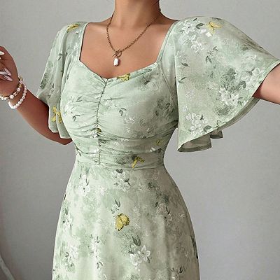 sundrenched floral print sweetheart neck short puff sleeve maxi dress Women's Floral Print Sweetheart Neck Maxi Dress, Flutter Short Sleeve Ruched A-Line Summer Dress