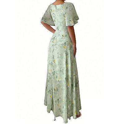 Women's Floral Print Sweetheart Neck Maxi Dress, Flutter Short Sleeve  Ruched A-Line Summer Dress