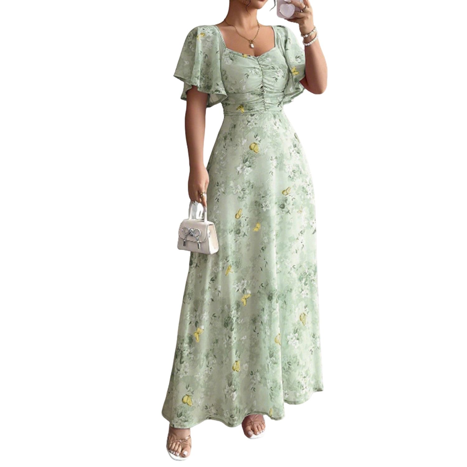 Женские платья Floral Print Sweetheart Neck Maxi Dress, Flutter Short Sleeve Ruched A-Line Summer Dress