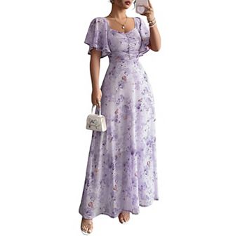 Women's Floral Print Sweetheart Neck Maxi Dress, Flutter Short Sleeve Ruched A-Line Summer Dress