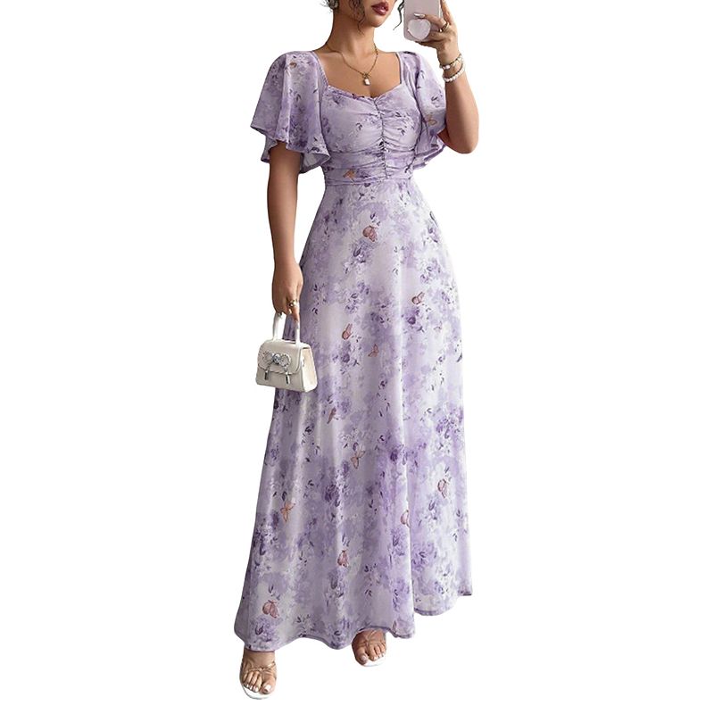 a line summer dress with sleeves Women's Floral Print Sweetheart Neck Maxi Dress, Flutter Short Sleeve Ruched A-Line a line dress