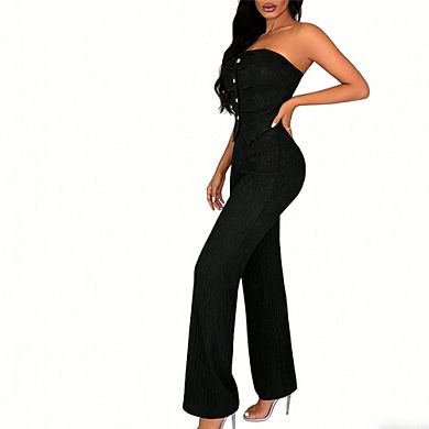 Women's Ribbed Two Piece Outfit Strapless Button Crop Top Wide Leg Pants