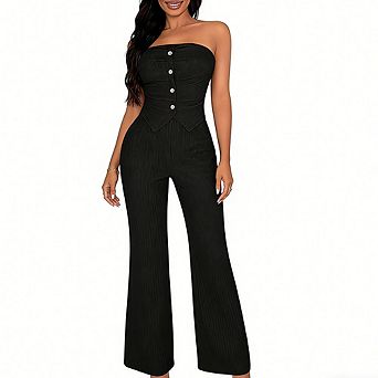 Women's Ribbed Two Piece Outfit Strapless Button Crop Top Wide Leg Pants