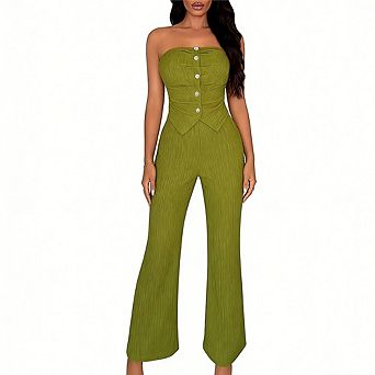 Women's Ribbed Two Piece Outfit Strapless Button Crop Top Wide Leg Pants