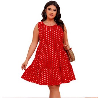 Plus Size Women's Polka Dot Tiered Dress Sleeveless Ruffle Hem Mini Dress Casual Summer Swing Dress