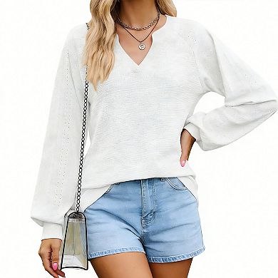 Women's Waffle Knit V-Neck Blouse, Raglan Lantern Sleeve Casual Summer Top