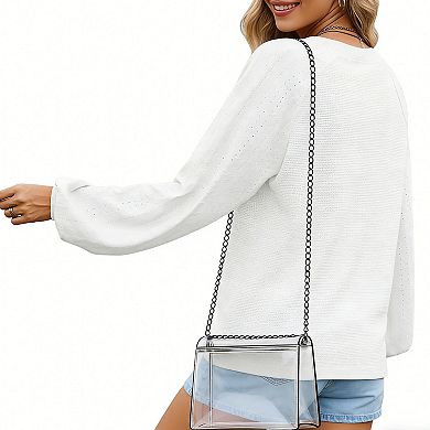 Women's Waffle Knit V-Neck Blouse, Raglan Lantern Sleeve Casual Summer Top