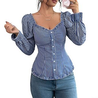 Women's Striped Sweetheart Neck Blouse, Long Puff Sleeve Button Down Top Slim Fit Shirt
