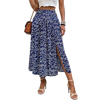 Women's Floral Print High Waist Midi Skirt, A-Line Split Hem Flowy Summer Skirt