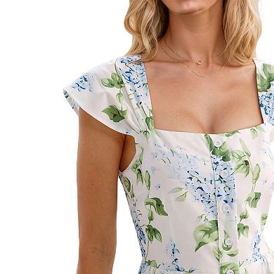 Women's Short Sleeve Square Neck Short Dress White Blue Floral Print Ruffle Button Front Mini Dress
