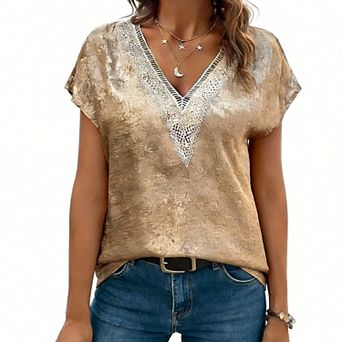 Women's Metallic V-Neck Blouse, Lace Trim Cap Sleeve Casual Summer Top