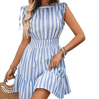 Women's Crew Neck Sleeveless Striped Print Smocked Waist Tiered Ruffle Mini Dress