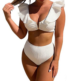 Women's V Neck Ruffle Sleeve Ribbed High Waist Bikini Set with Front Accent