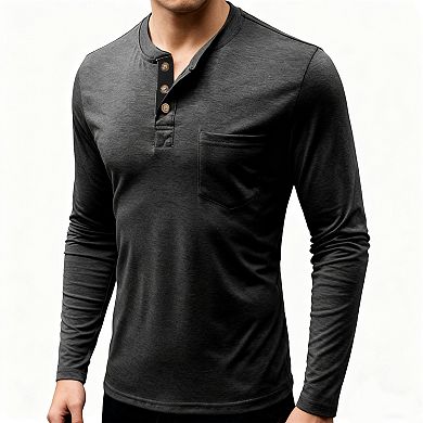 Men's Long-Sleeve Lightweight Henley Shirt, Casual Button-Front Top with Chest Pocket