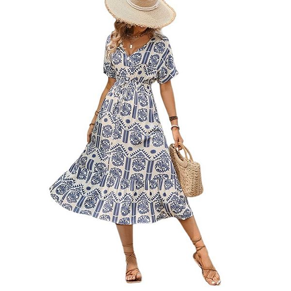 Womens Casual Boho Short Sleeve Dresses V Neck Flowy A-line Tiered ...