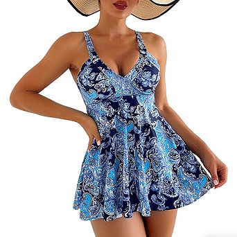 Women's Casual One Piece Swimsuit Print Halter Neck Flowy Swim Dress
