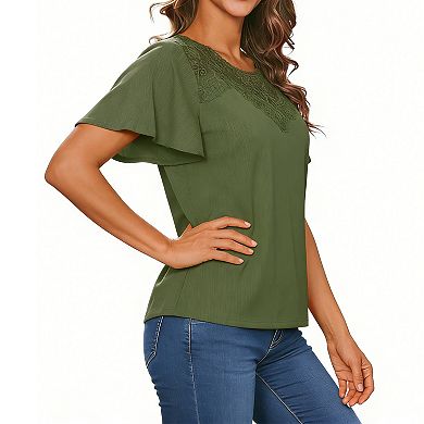Women's Lace Trim Ribbed Blouse, Flutter Short Sleeve Casual Summer Top