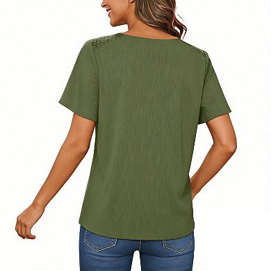 Women's Lace Trim Ribbed Blouse, Flutter Short Sleeve Casual Summer Top