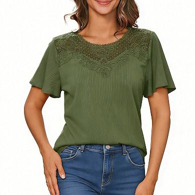 Women's Lace Trim Ribbed Blouse, Flutter Short Sleeve Casual Summer Top