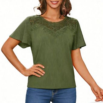 Women's Lace Trim Ribbed Blouse, Flutter Short Sleeve Casual Summer Top