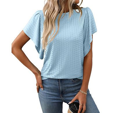 Women's Ruffle Flutter Short Sleeve Summer Shirt Textured Casual Crew Neck Top Loose Soft Blouse