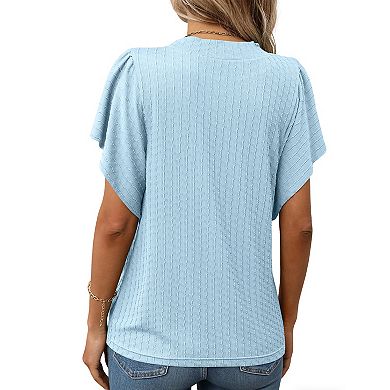 Women's Ruffle Flutter Short Sleeve Summer Shirt Textured Casual Crew Neck Top Loose Soft Blouse