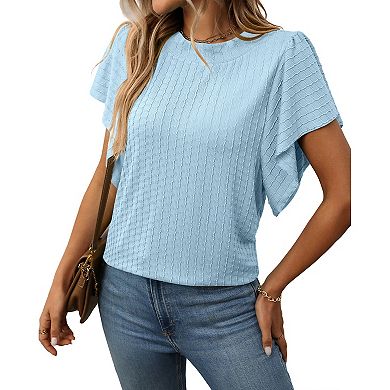 Women's Ruffle Flutter Short Sleeve Summer Shirt Textured Casual Crew Neck Top Loose Soft Blouse