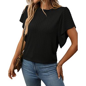 Women's Ruffle Flutter Short Sleeve Summer Shirt Textured Casual Crew Neck Top Loose Soft Blouse