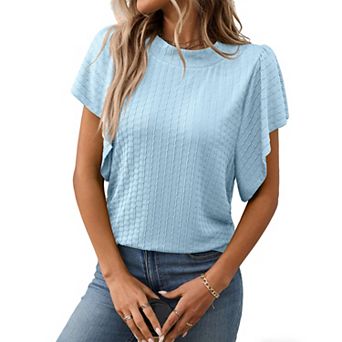 Women's Ruffle Flutter Short Sleeve Summer Shirt Textured Casual Crew Neck Top Loose Soft Blouse