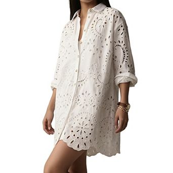 Women's Eyelet Embroidery Shirt Dress 3/4 Roll-Up Sleeve Button Down Tunic Loose Fit Beach Cover Up