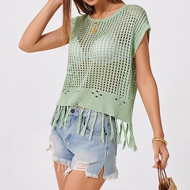 Women's Crochet Knit Fringe Top, Tie-Back Sleeveless Boho Summer Beach Blouse
