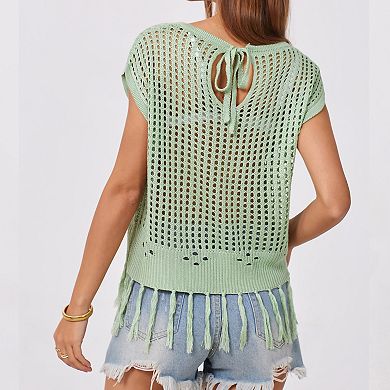 Women's Crochet Knit Fringe Top, Tie-Back Sleeveless Boho Summer Beach Blouse