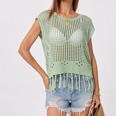 Women's Crochet Knit Fringe Top, Tie-Back Sleeveless Boho Summer Beach Blouse