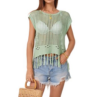 Women's Crochet Knit Fringe Top, Tie-Back Sleeveless Boho Summer Beach Blouse