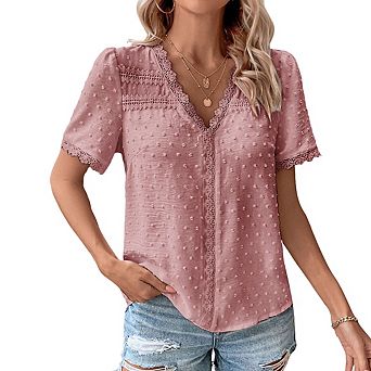 Women's V Neck Short Sleeve Lace Trim Textured Swiss Dot Top Relaxed Casual Blouse