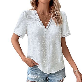 Women's V Neck Short Sleeve Lace Trim Textured Swiss Dot Top Relaxed Casual Blouse