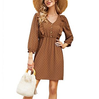 Women's V Neck Long Sleeve Short Dress Swiss Dot Boho Shoulder Ruffle Dress Elegant Button Clothes