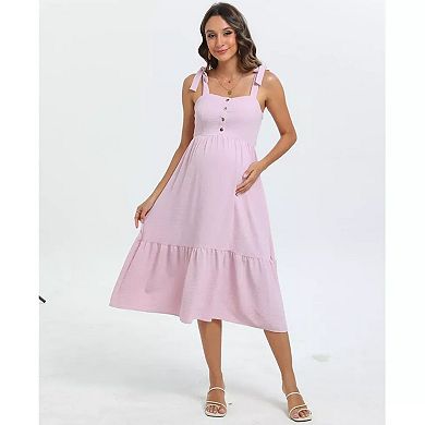 Women's Summer Maternity Midi Dress Smocked Tie Straps Ruffle Flowy Dresses