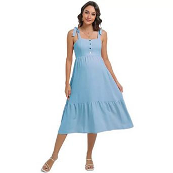 Women's Summer Maternity Midi Dress Smocked Tie Straps Ruffle Flowy Dresses